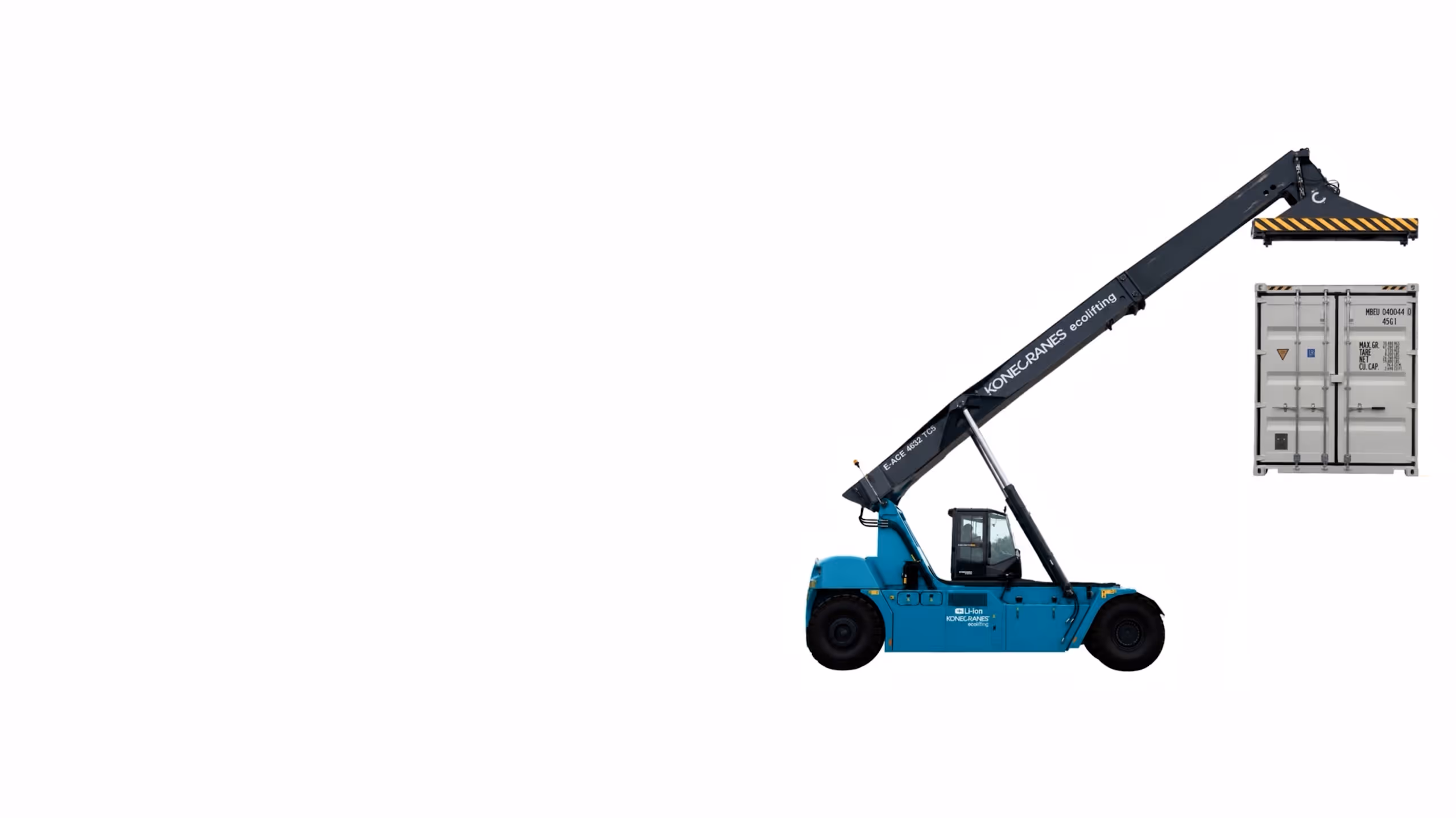 Blue Konecranes reach stacker lifting a grey cargo container with an extended arm.