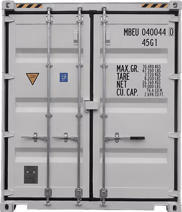 White shipping container rear doors with weight and capacity details in black text.