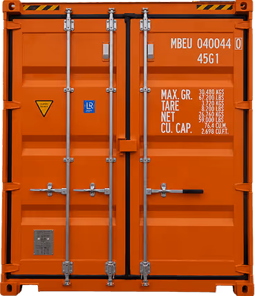 Orange cargo container door with metal locks and white weight and capacity markings.