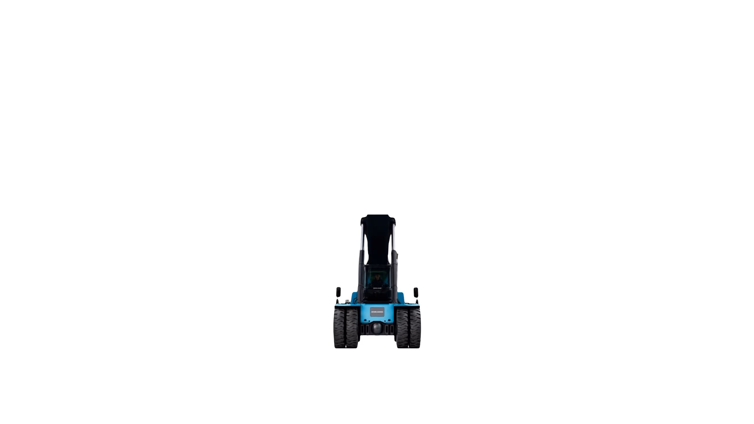 Front view of a blue loader vehicle with large black tires on a white background.
