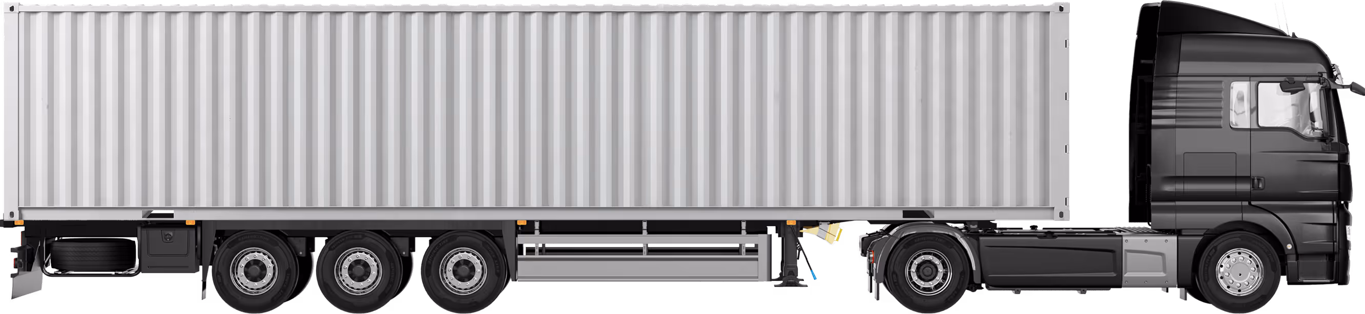 Side view of a black semi-truck with a large white cargo container attached.