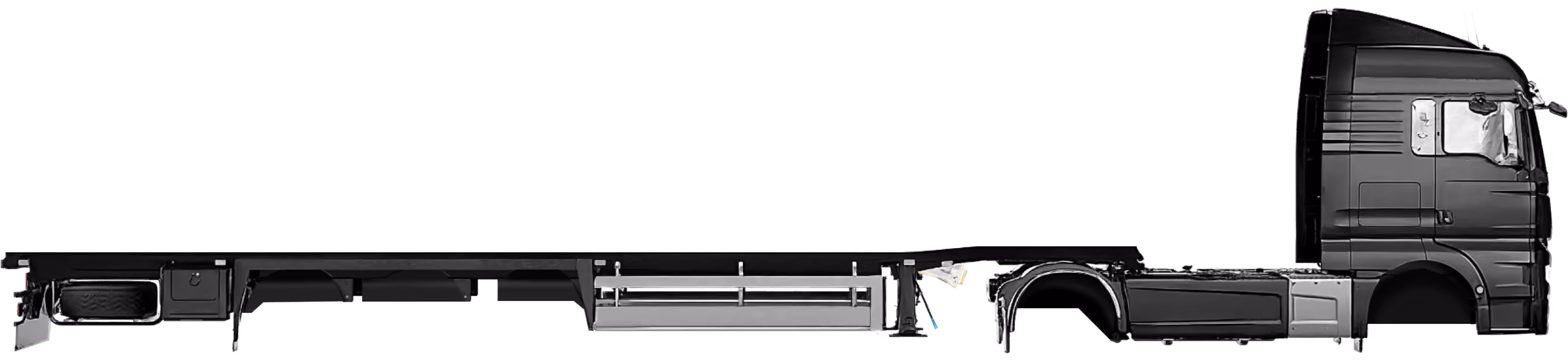 Side view of a black semi-truck cab without a trailer attached.