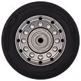 Close-up of a vehicle wheel with a black tire and metal hubcap with lug nuts.