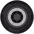 Black tractor tire with silver metal rim and visible lug nuts on white background.