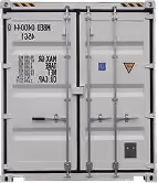 Rear view of a locked white shipping container with safety and weight warning labels.