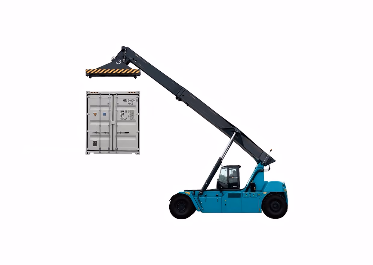 Blue reach stacker lifting a gray shipping container with extended arm against white background.
