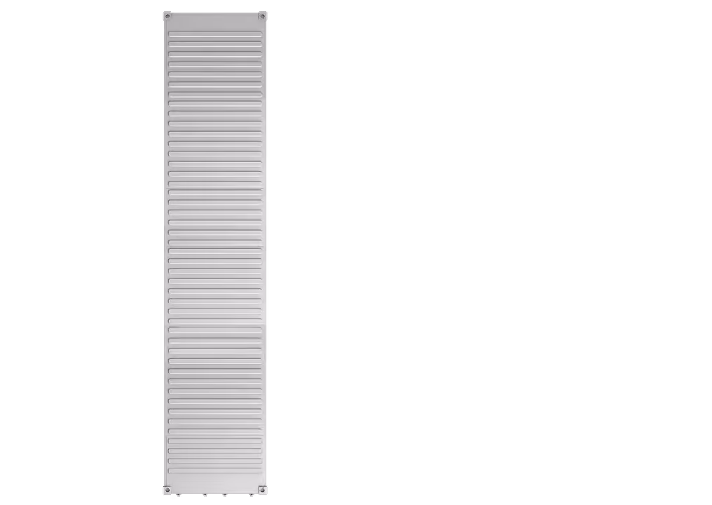 Tall gray metal industrial storage container with horizontal ventilation slats.