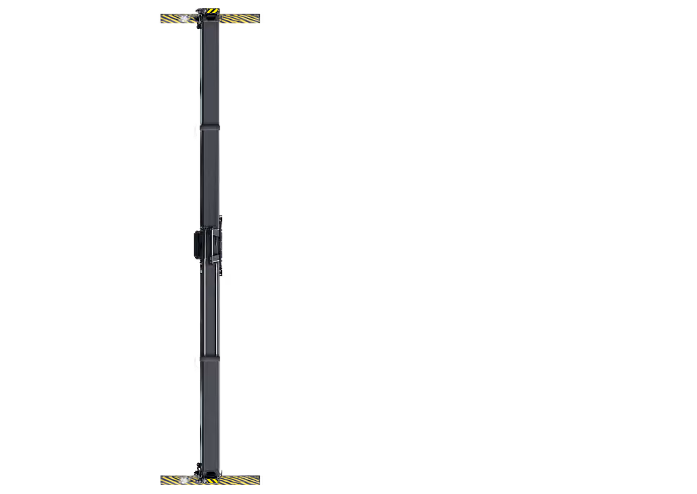 Top-down view of a black crane body with yellow and black hazard stripes on each end.