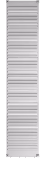 Tall metallic panel with horizontal ventilation slits and screws at corners on a black background.